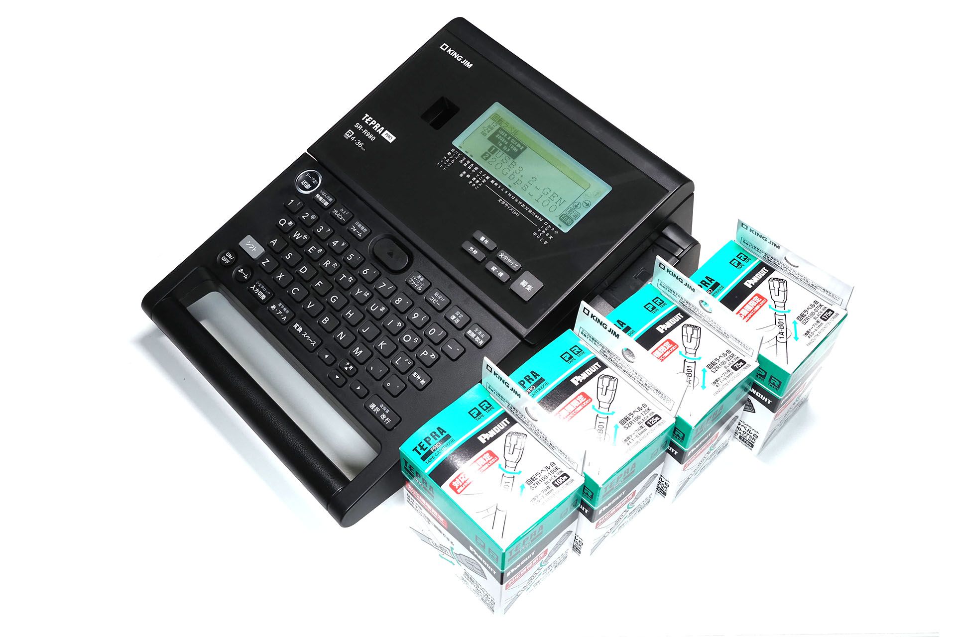 テプラ PRO SR-R980と、この機種専用の回転ラベル各種。