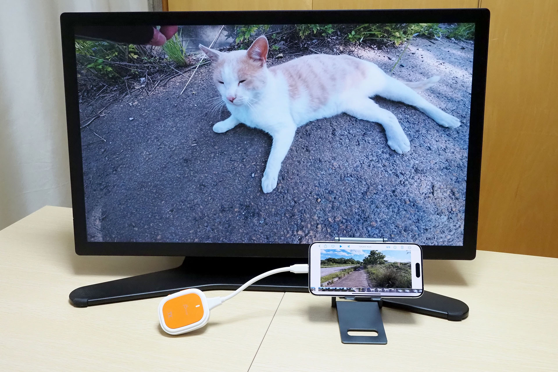 スマートフォン上の動画を再生してみた。再生中はスマートフォン上にはポーズや送り戻しのボタンだけ表示される。ポーズするとスマートフォン上には動画のサムネイルが大きく表示された。