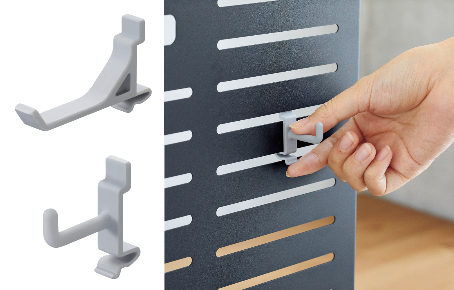 付属のフックをセットすれば、そこにケーブルなどを引っ掛けて収納できる。セットしたフックは容易に左右に動かせる。フックはSサイズ×6本、Lサイズ×2本が付属する。フックは別売もされている。※画像はメーカーWebサイトより抜粋