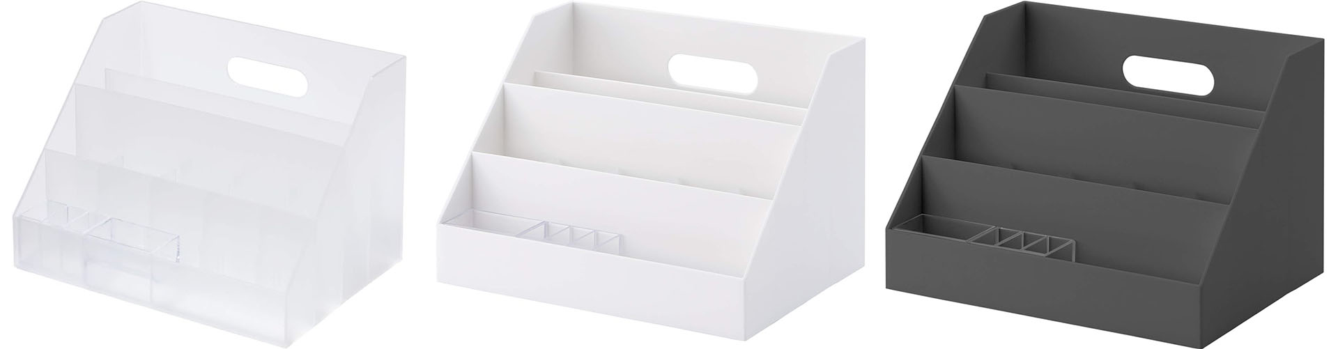 ライクイット「オーガナイザースリム」は、幅260×奥行き185×高さ182mmのわりとコンパクトなデスクオーガナイザー。フットプリントはA4用紙より一回り小さい。樹脂製で、つくりはそーんなによくなく、仕切りの一部が少し歪んでいたりした。カラーは半透明、白、黒がある。※画像はメーカーAmazon商品ページより抜粋