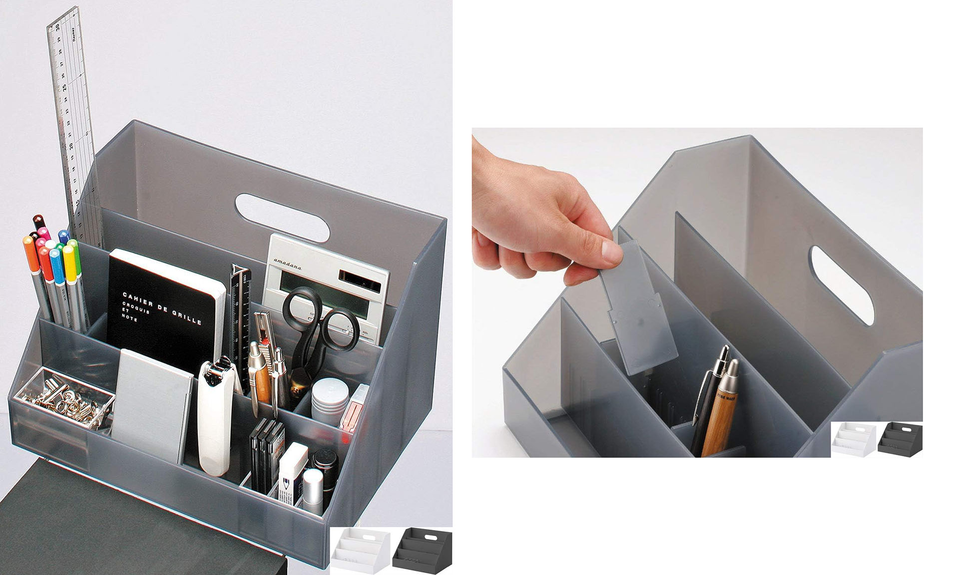 使用例。このように様々な小物を収納できる。セット位置を変えられる仕切りが6枚付属していた。※画像はメーカーAmazon商品ページより抜粋