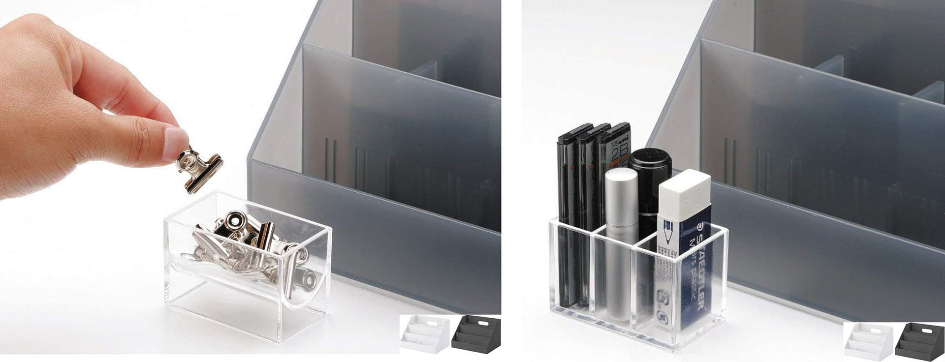 オーガナイザー最前部に収納できる小物入れも付属している。左のケースはSIMやメモリカードやUSB変換アダプターを入れるのにイイ感じ。右のケースはスティック型のUSBメモリーやSSDを入れるのに便利。※画像はメーカーAmazon商品ページより抜粋