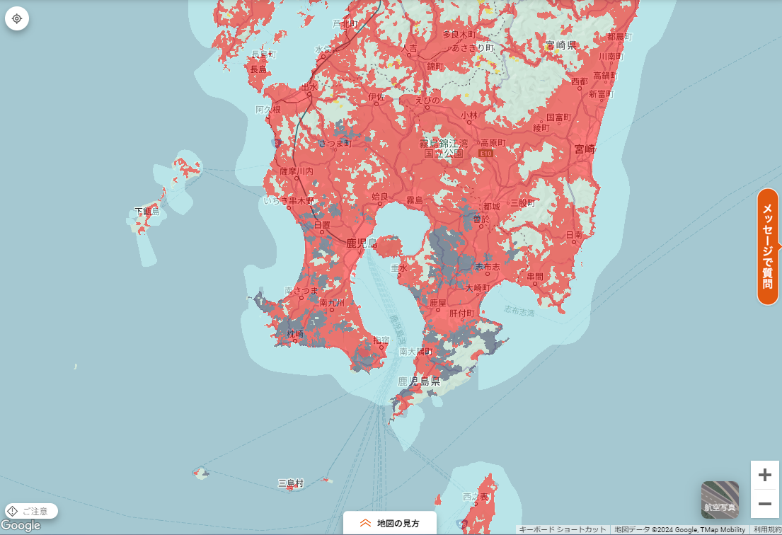 KDDIのエリアマップ（15時30分ごろ）