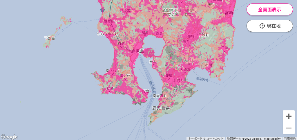 楽天モバイルのエリアマップ（15時30分ごろ）