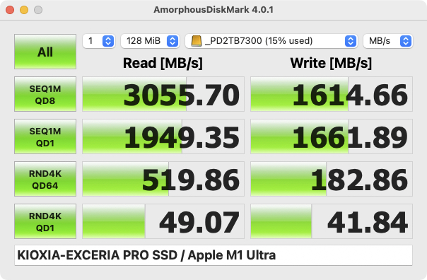 3回取ってみた。Mac StudioのThunderbolt 4ポートにSSDを直接接続したときとほぼ同じパフォーマンスが出ている。