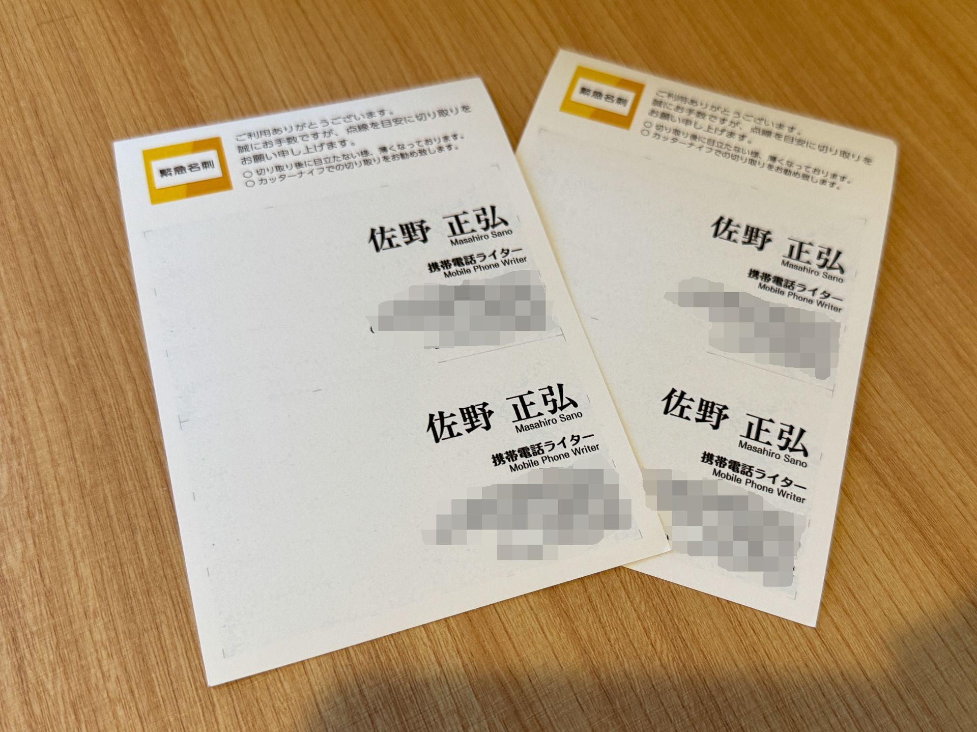 実際に印刷した名刺。はがき用紙を用いるので質感は名刺にかなり近いのだが、実際に使用するにはカッターやハサミなどで切り離す必要があり、その入手も必要になる