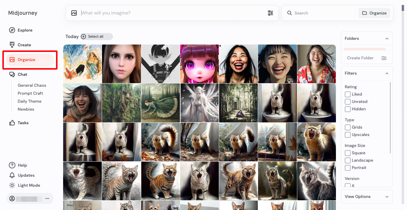 こちらは「Organize」モード。生成してきた画像を一覧したり探したり、非表示にしたり「いいね」を付けたりして整理できる。Discord上で生成してきた画像もすべてここで確認できる。