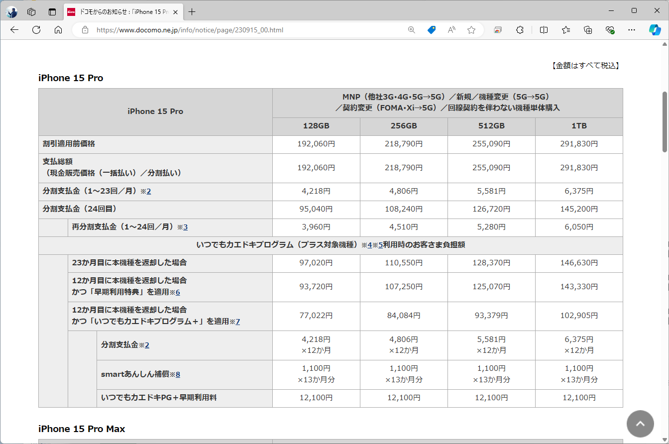 ドコモがiPhone 15 Pro発売時に発表していた価格。1年で下取りに出すと、14万円程度の残債が免除される