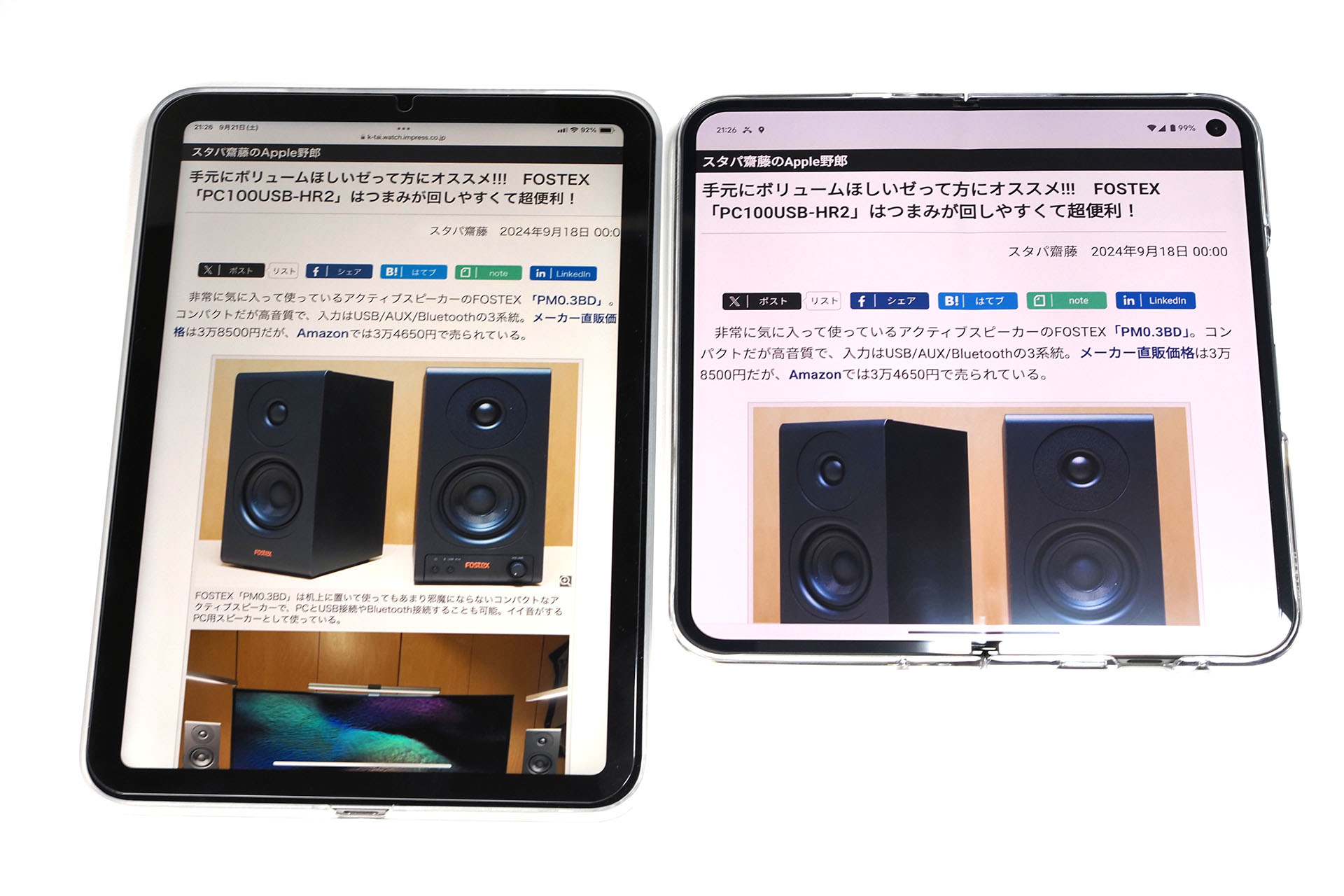 iPad mini 6(画面サイズ8.3インチ)とGoogle Pixel 9 Pro Fold(メインディスプレイサイズ8インチ)で同じWebサイトを表示した様子。