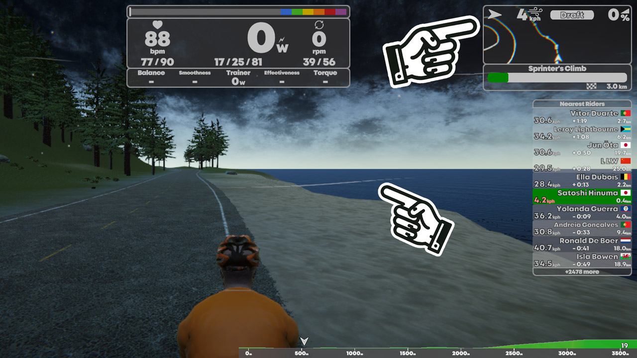 風の向きと強さが表示されており、アバターの周りでも風の流れがわかる（指アイコンで示した箇所）