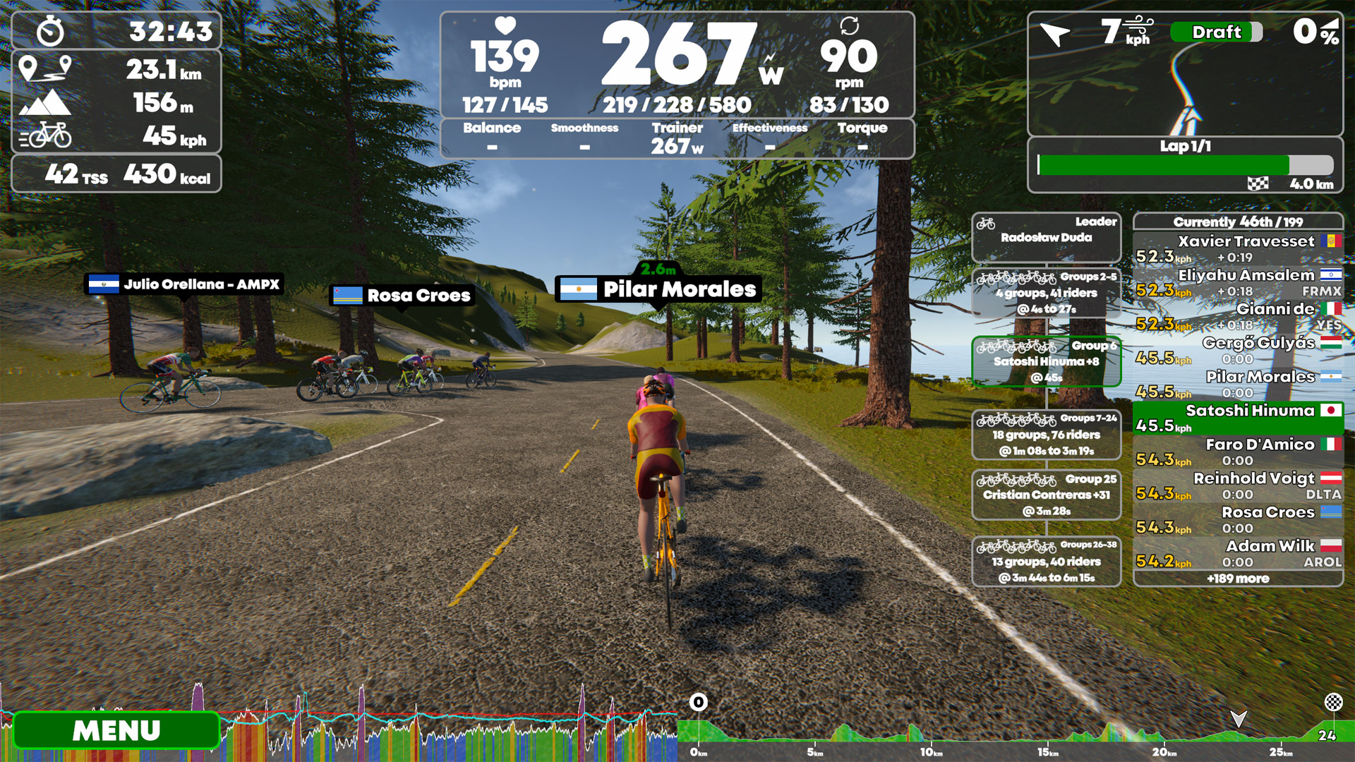 グループライドやレースでは、ライダーたちが分岐して別のルートを走るパターンもある（パソコンの画面）