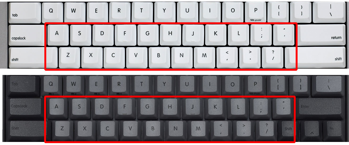 上が普通のREALFORCEのキー並び。下はRC1のキー並び。ASDF……の行と、ZXCV……の行の位置関係が違うことがわかる。