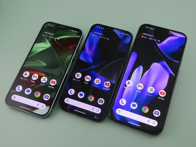 3機種にラインアップが拡大した「Pixel 9」シリーズ。左から順に「Pixel 9」、「Pixel 9 Pro」（中央）、「Pixel 9 Pro XL」（右）