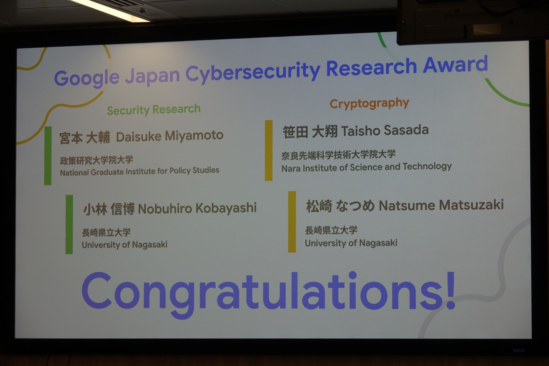 パネルを持つ受賞者。左から奈良先端科学技術大学院大学の笹田大翔氏、長崎県立大学の松崎なつめ氏、長崎県立大学の小林信博氏、政策研究大学院大学の宮本大輔氏
