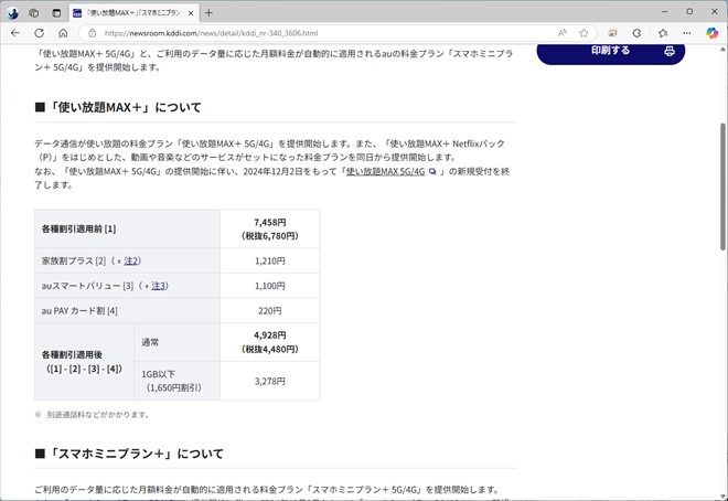 使い放題MAX＋の料金体系。基本料は、220円の値上げになった