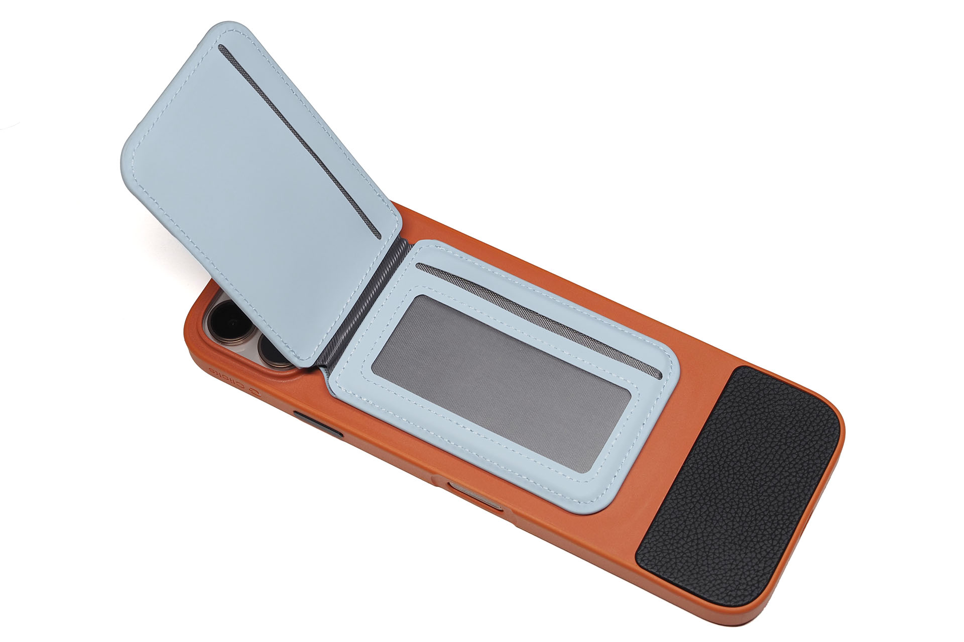 カードケース機能とiPhoneスタンド機能がある。