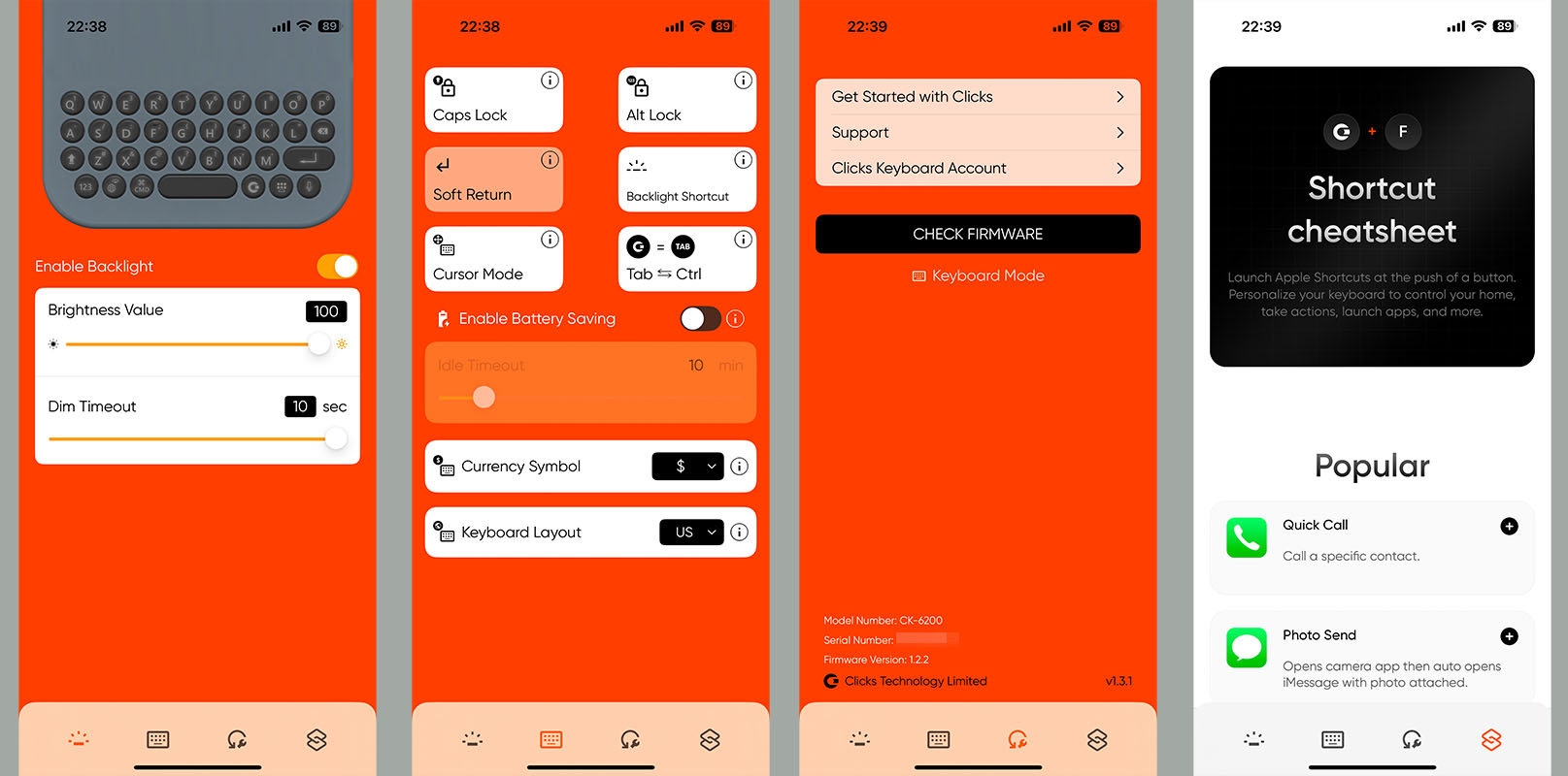 Clicks Keyboard設定アプリも利用できる。バックライトのカスタマイズ、基本機能の設定、ファームウェアアップデートなどができつつ、Appleショートカットアプリ用のショートカットのダウンロードも可能。ただ、Clicks Keyboard＋ショートカットの設定方法はアプリ内からは見ることができない。