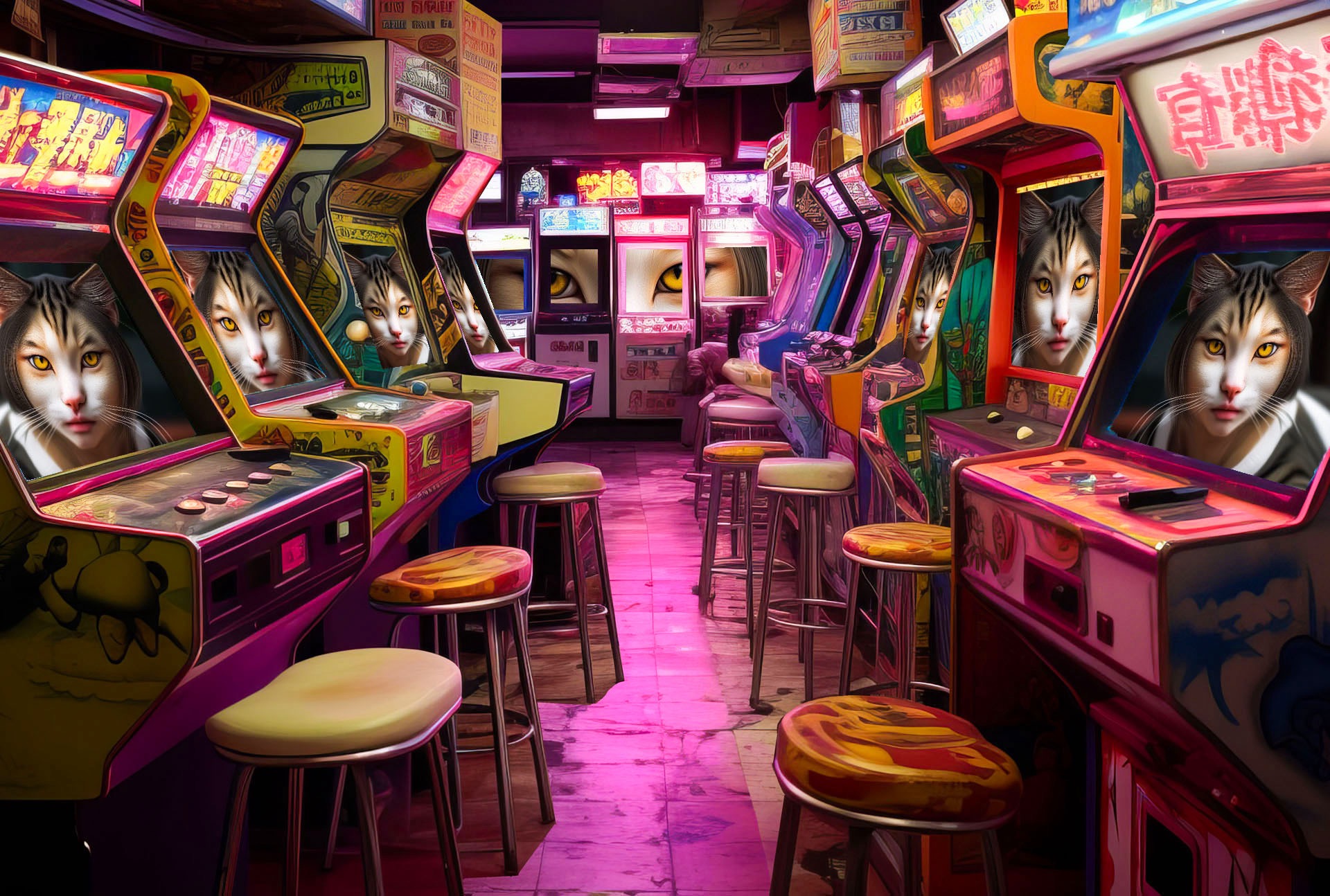 2020年代の若いゲーム雑誌読者に、昭和の狭いゲームセンターの雰囲気を伝えるための画像。Midjourneyで3〜4回生成したら得られた。画面の猫娘は別のAI生成画像を合成した。