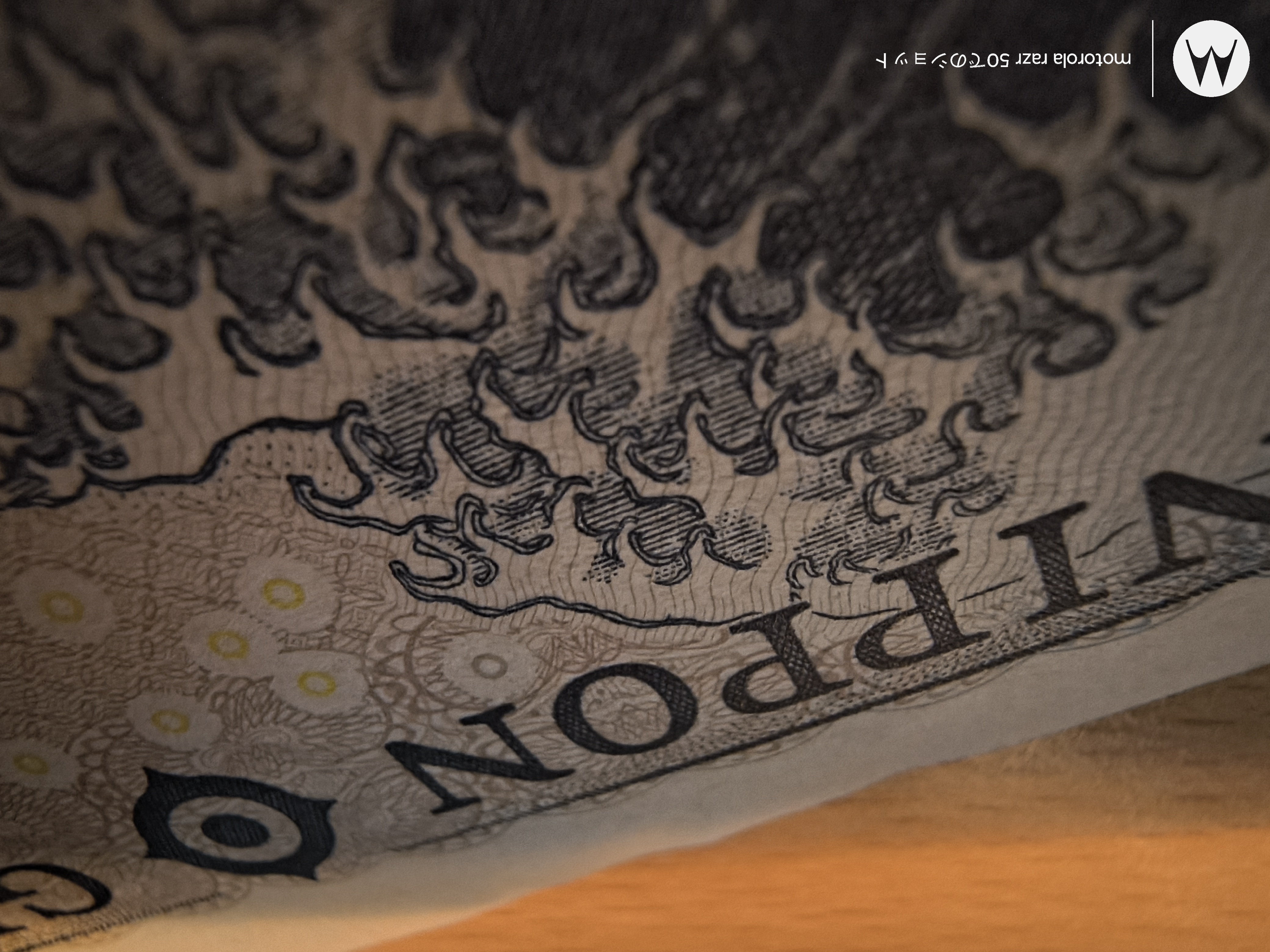 マクロで撮影。2.5cmまで寄ることができる。新札の細かな印刷技術も見ることができる