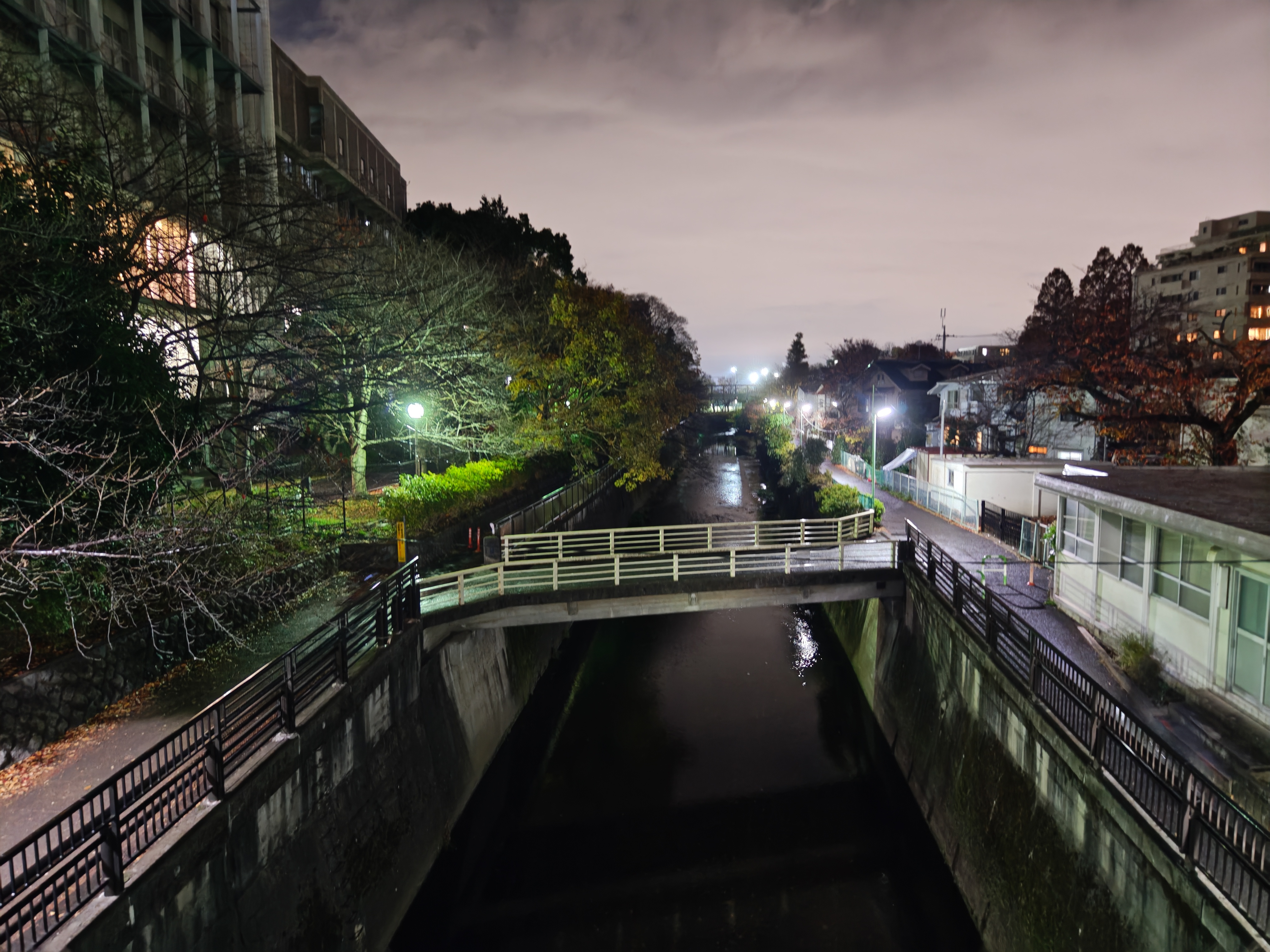 夜の成城を流れる仙川を撮影した。大学の校舎脇は薄暗いが、1型超のセンサーは光をより多く取り込めるので、欄干や壁面の様子が判別可能だ。この端末はナイトシーンも気軽に撮影できる
