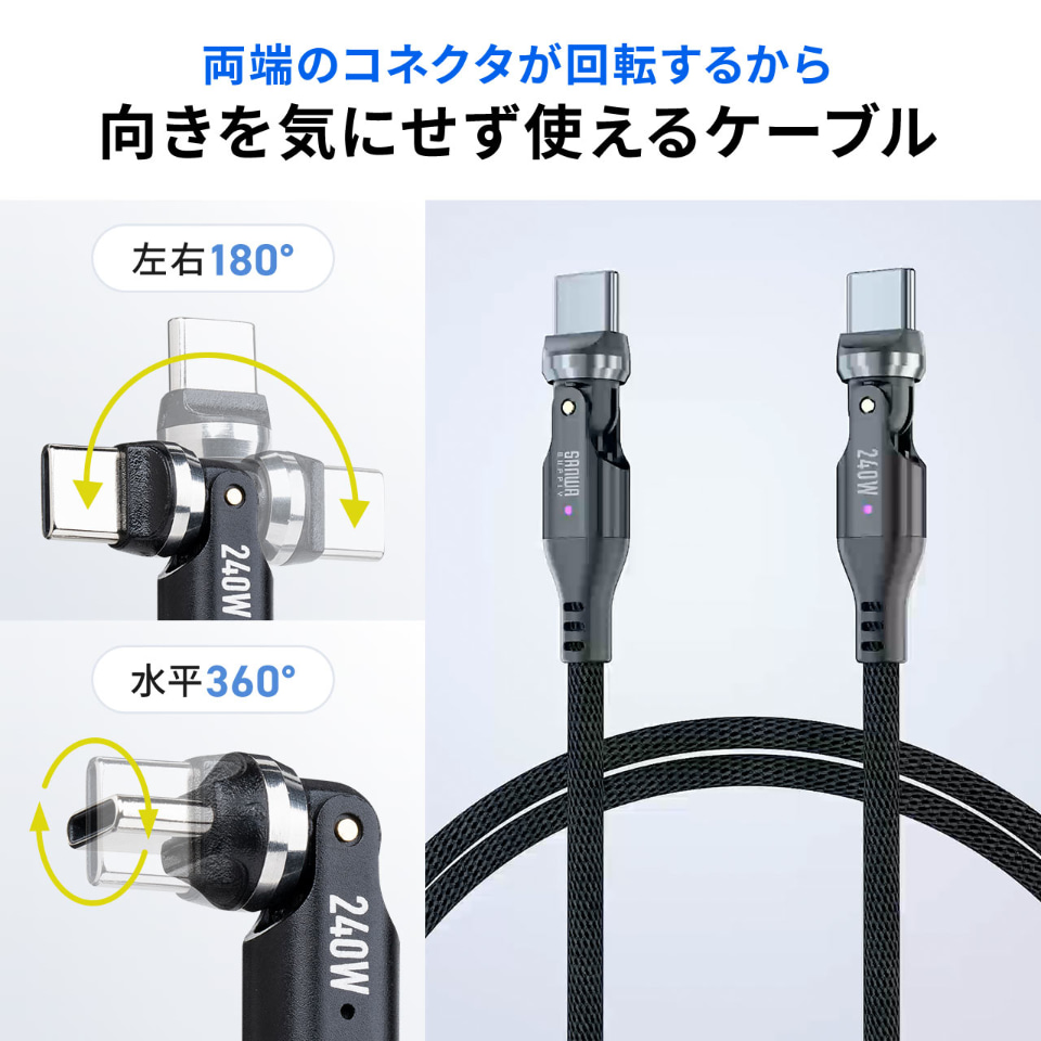コネクタが回転するUSB Type-Cケーブル、サンワサプライから登場