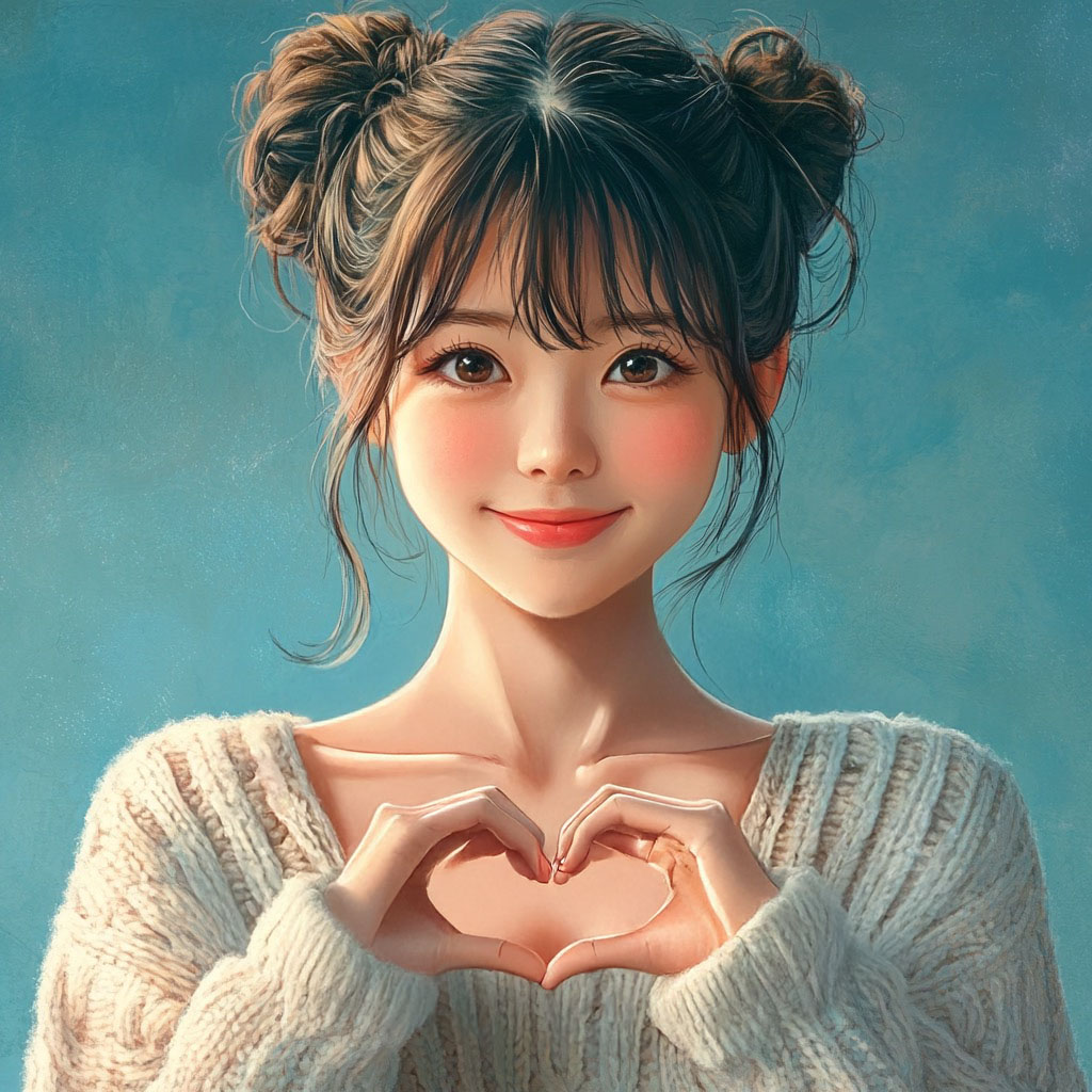 その失敗指ハート部分をAdobe Photoshopの生成塗りつぶし（プロンプトは指ハート関連）で描きナオさせたのがこちら。モトの絵がイラスト寄りなので、手のラフなイラストっぽさも自然な感じ。