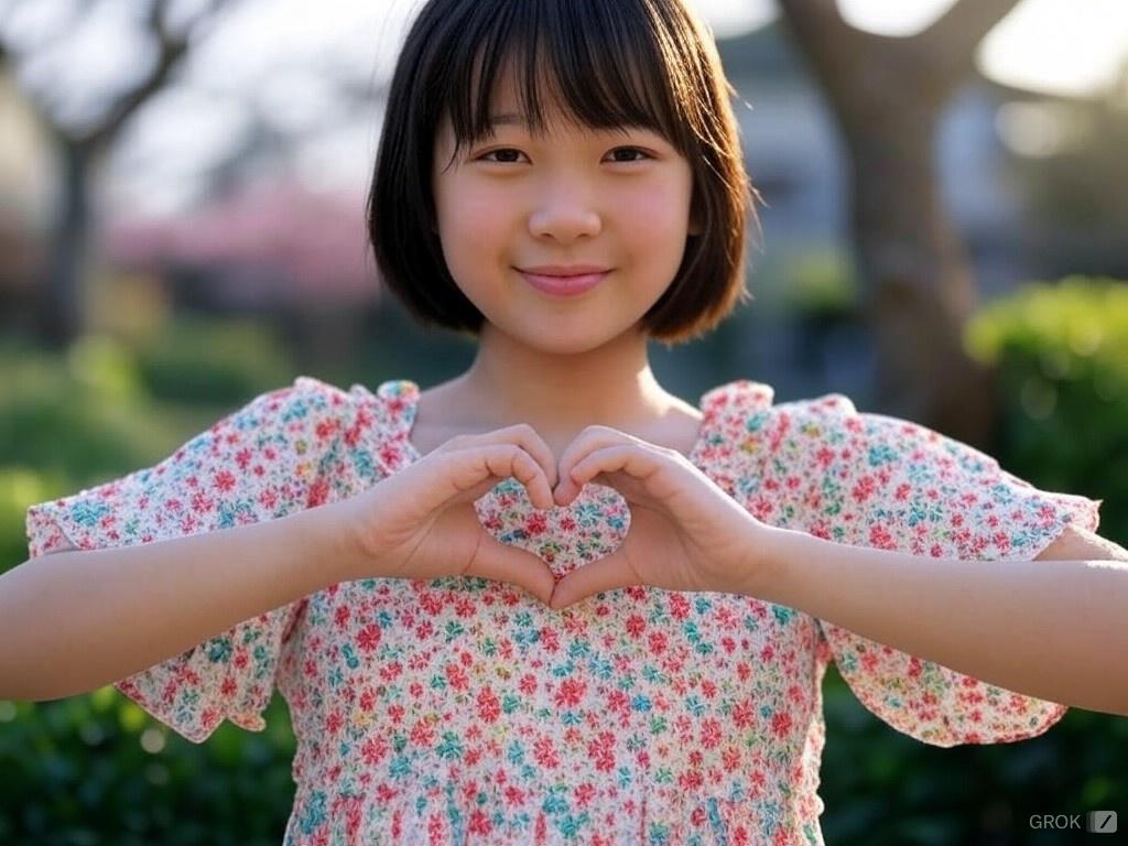 Grok-2が生成した指ハートの女の子。頭も両肘も切れているから……。
