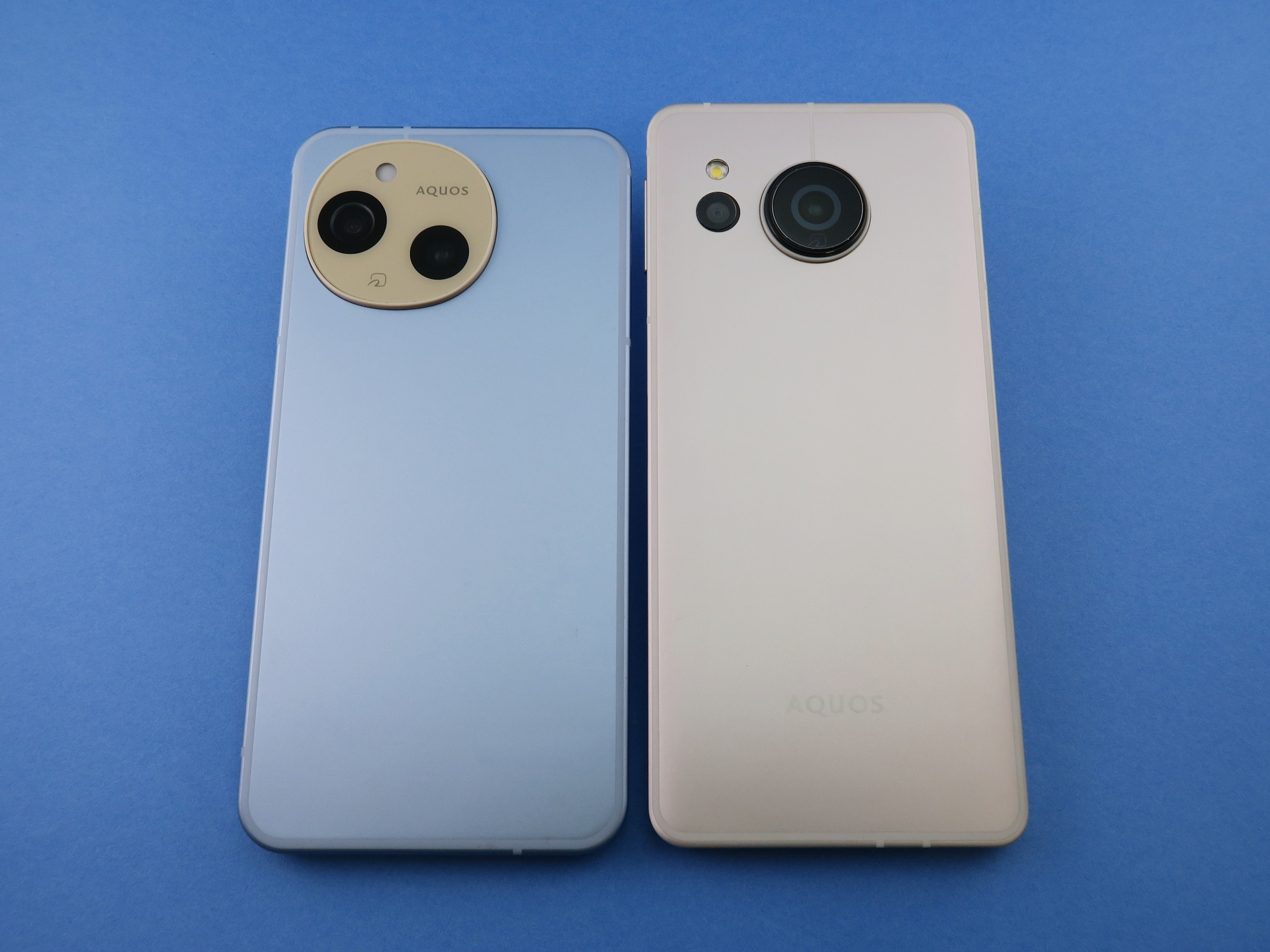 「AQUOS sense9」（左）と「AQUOS sense8」（右）の背面。従来のセンターカメラデザインから、自由曲線で描かれたカメラ部にデザインが変更された