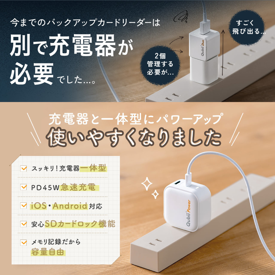 充電中にiPhone・Androidのストレージを空けられる新製品「Qubii Power