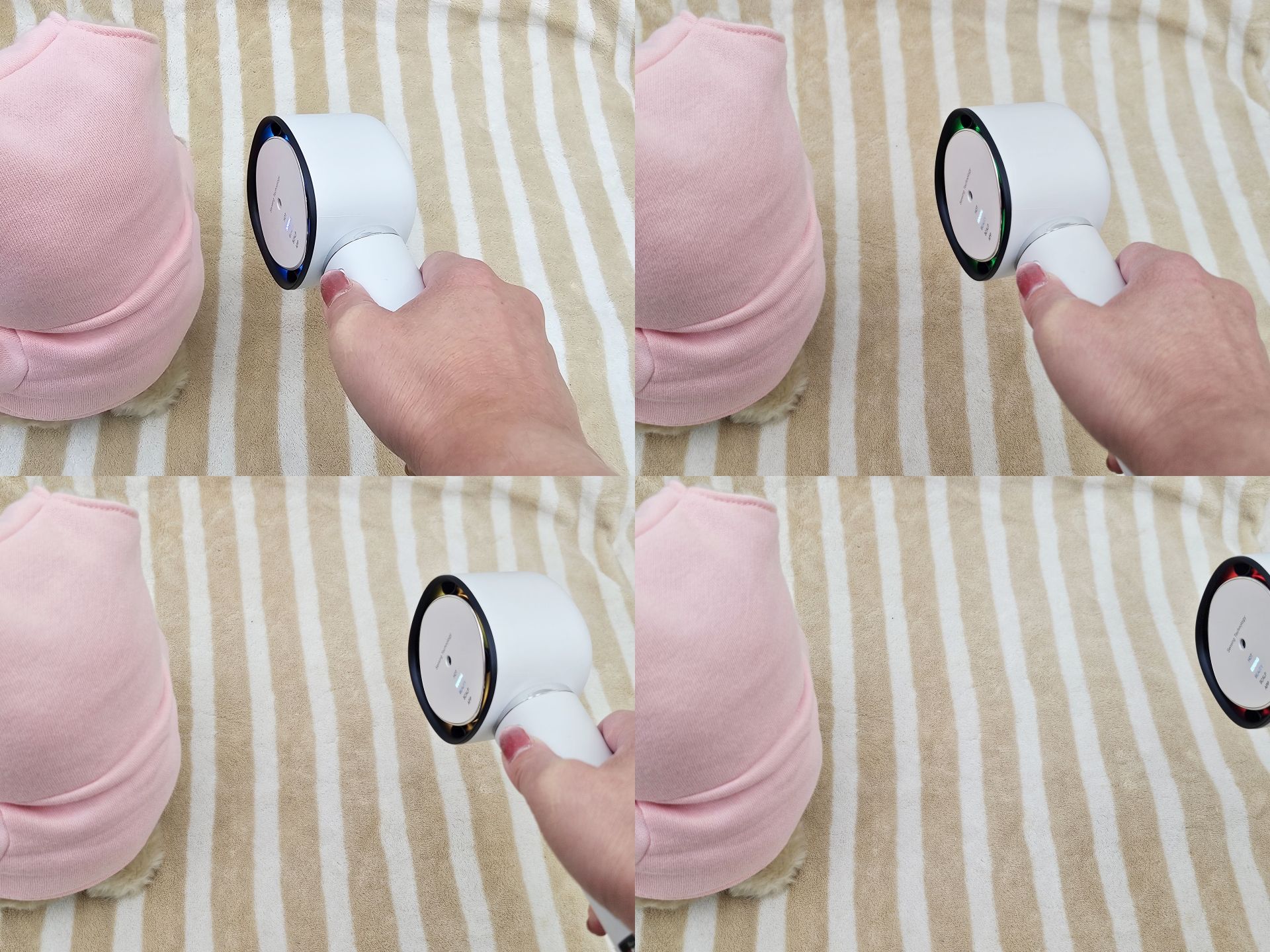 対象物が近ければ低温、遠ければ高温の風が吹き出し、対象物に当たる風の温度が高すぎず低すぎないように調整している。温度の高さは吹出口付近のLEDの色で判断できる