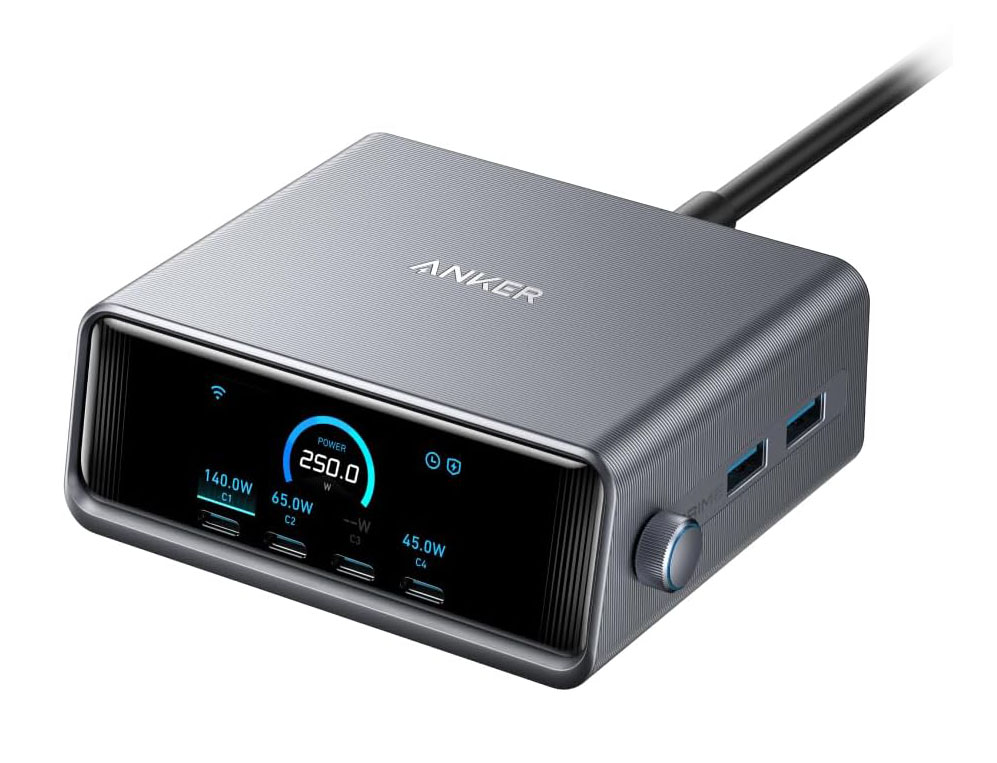 Prime Charger 250W前面表示パネルの表示例。どのポートから何W出力されているのかや、合計出力値が表示される。ほかにもモードや状態によってさまざまな表示がなされる。※AnkerWebサイトより抜粋。