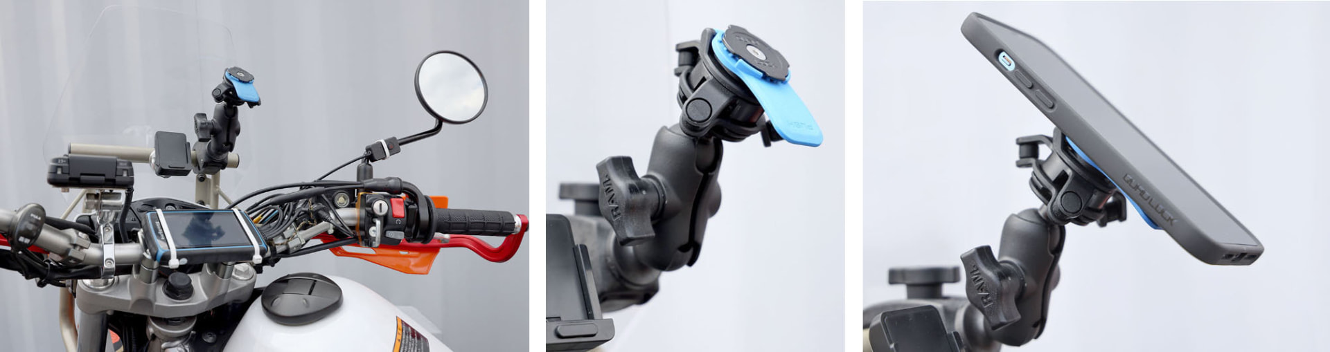 バイクのハンドルにQUAD LOCKのマウントをセットしている。マウントとアームの間に「バイク用 | 衝撃（振動）吸収ダンパー」を入れることで、走行時の各種振動がスマートフォンに伝わりにくくなる。実際にエンジンの回転数が上がるときの画面ブレがかなり抑えられている。