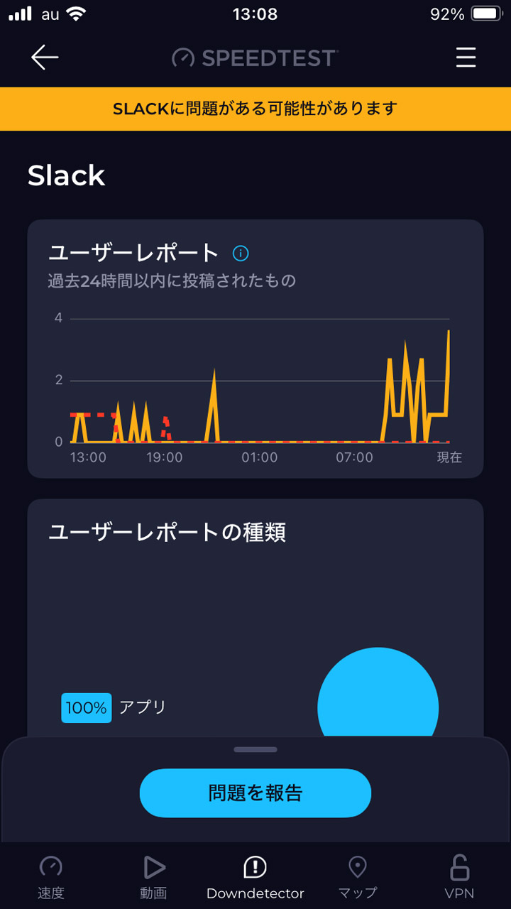 報告の多いサービスのグラフは大きく盛り上がり、現在問題発生中と思われる場合はグラフ自体が黄色や赤で表示される