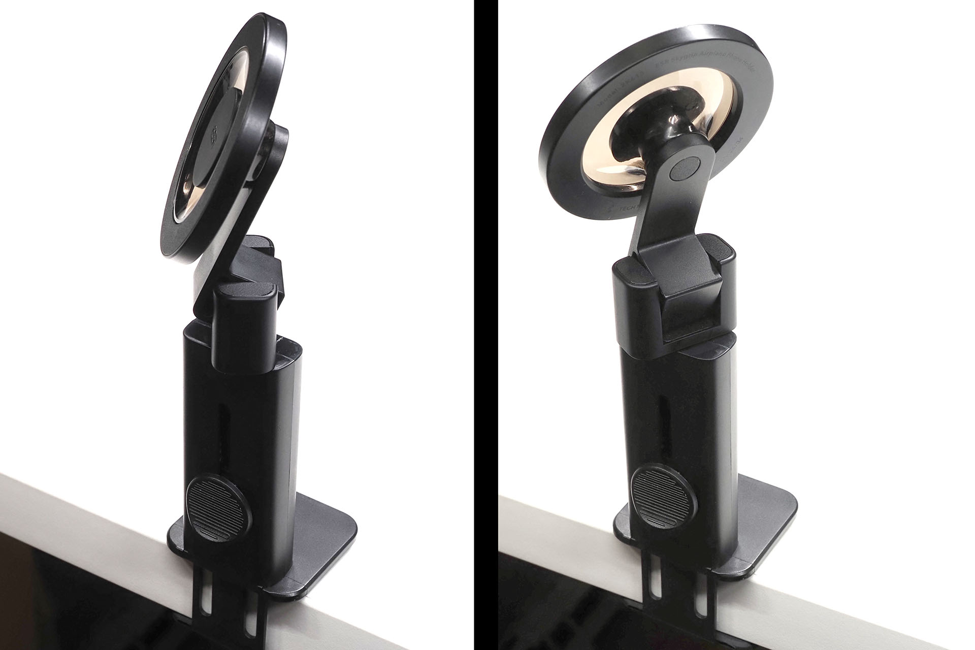 MagSafe部下の軸部分は(MagSafe部ごと)360°回転する。テーブルなどのどの位置にクランプしても、スマートフォンの画面をこちらの顔へ向かせることができる。