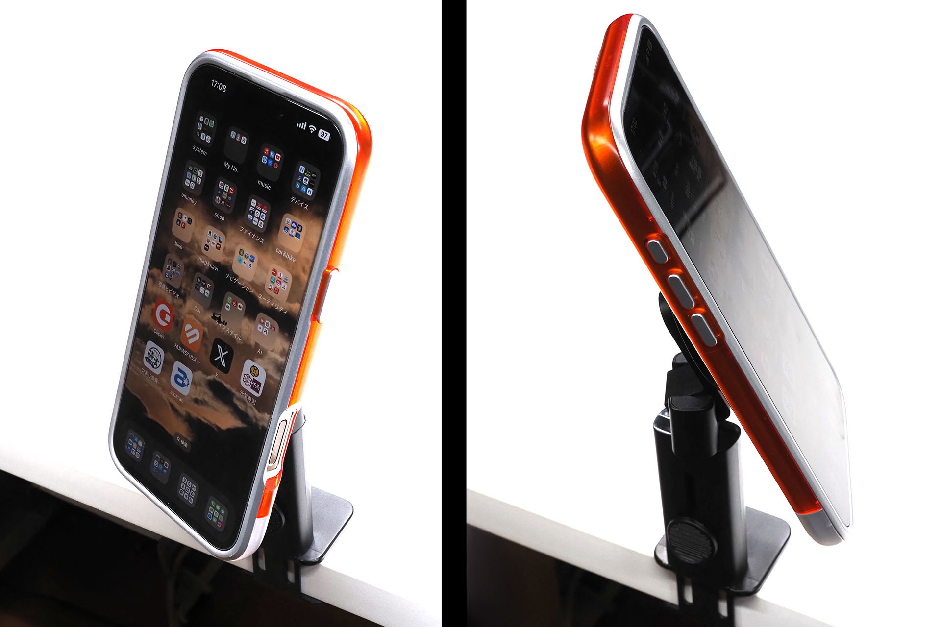 スマートフォンをセットした様子。クランプ部はしっかりと机に固定され、滑り止め付きなので滑ることもない。また、ホルダー側の可動部はちょうど良い固さなので、画面をタップ操作などしてもスマートフォンの向きが不意に変わることもない。MagSafeの固定力は、iPhoneが裸の状態だと「十分安定的」と感じられる程度で、iPhoneをマグネット入りMagSafeケースに入れた場合だと「スゲく安定的だけどiPhone外すのちょっとタイヘン」というくらい強い。もちろん端末は360°自由に回転させられる。