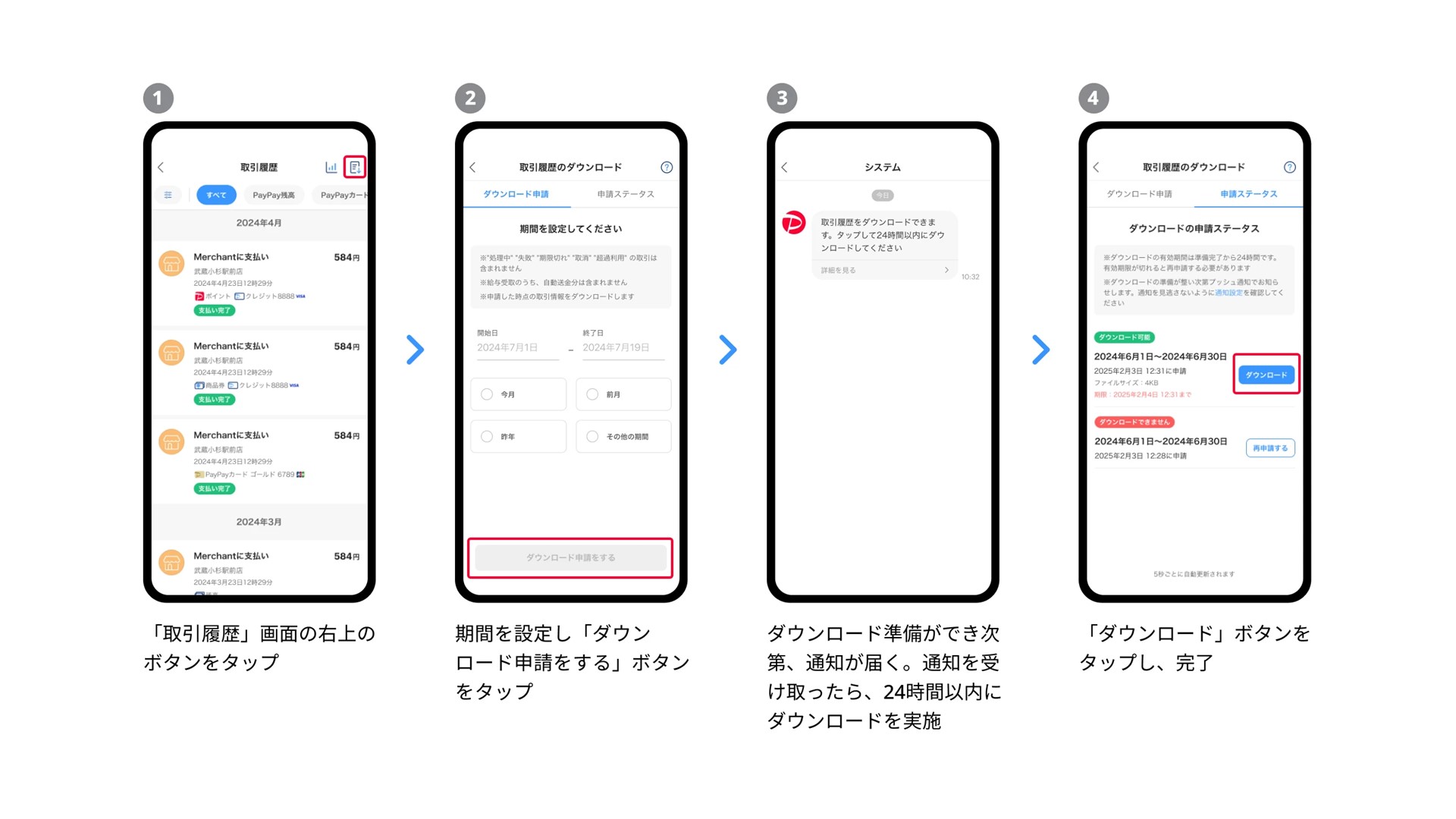 取引履歴データのダウンロード方法（イメージ）
