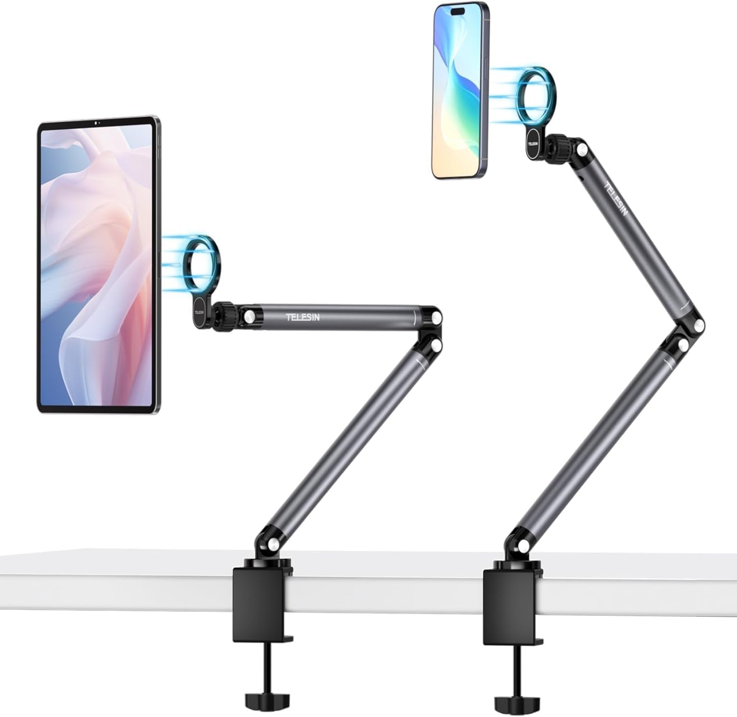 こんなアームでMagSafe対応なのでiPhoneの着脱がラク。顔の上空にセットしやすそうだ。※画像はAmazon販売ページより抜粋。