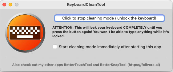 KeyboardCleanTool動作中、つまりキーボード入力を受け付けない状態になると、ウィンドウ上のアイコンがオレンジ色になる。再度上部の青いカコミをクリックするかアプリを終了すれば、キーボード入力を受け付ける通常の状態に戻る。