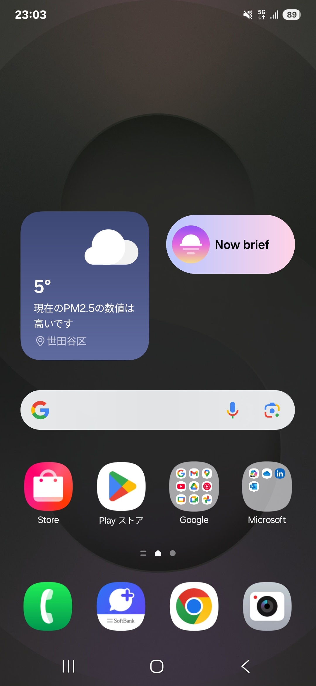 ホーム画面。検索ボックス以外に、天気予報やNow Briefのウィジェットが並ぶ