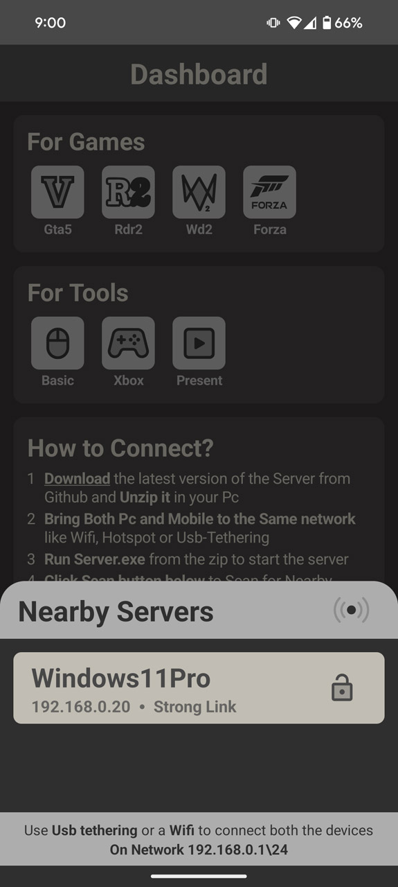 同じLANに接続しているパソコンが接続先候補として表示。これをタップすれば準備完了