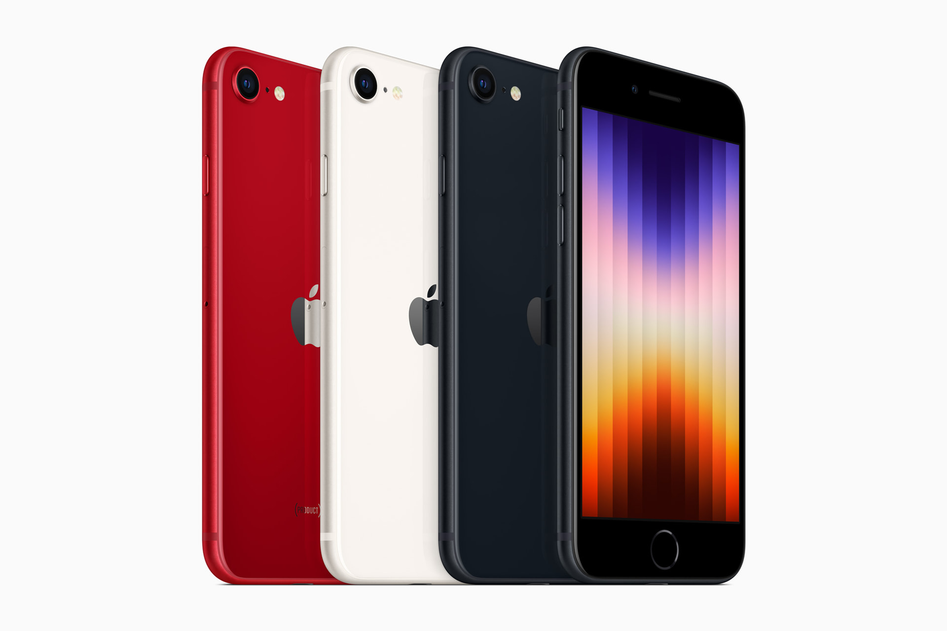 iPhone SE（第3世代）　左から、(PRODUCT)RED、スターライト、ミッドナイト