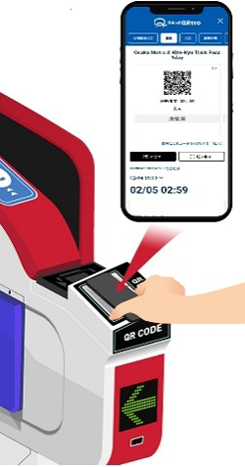 利用フロー。Webサイトやアプリから購入後、QRコードを表示させてそれを改札機にかざして通過する