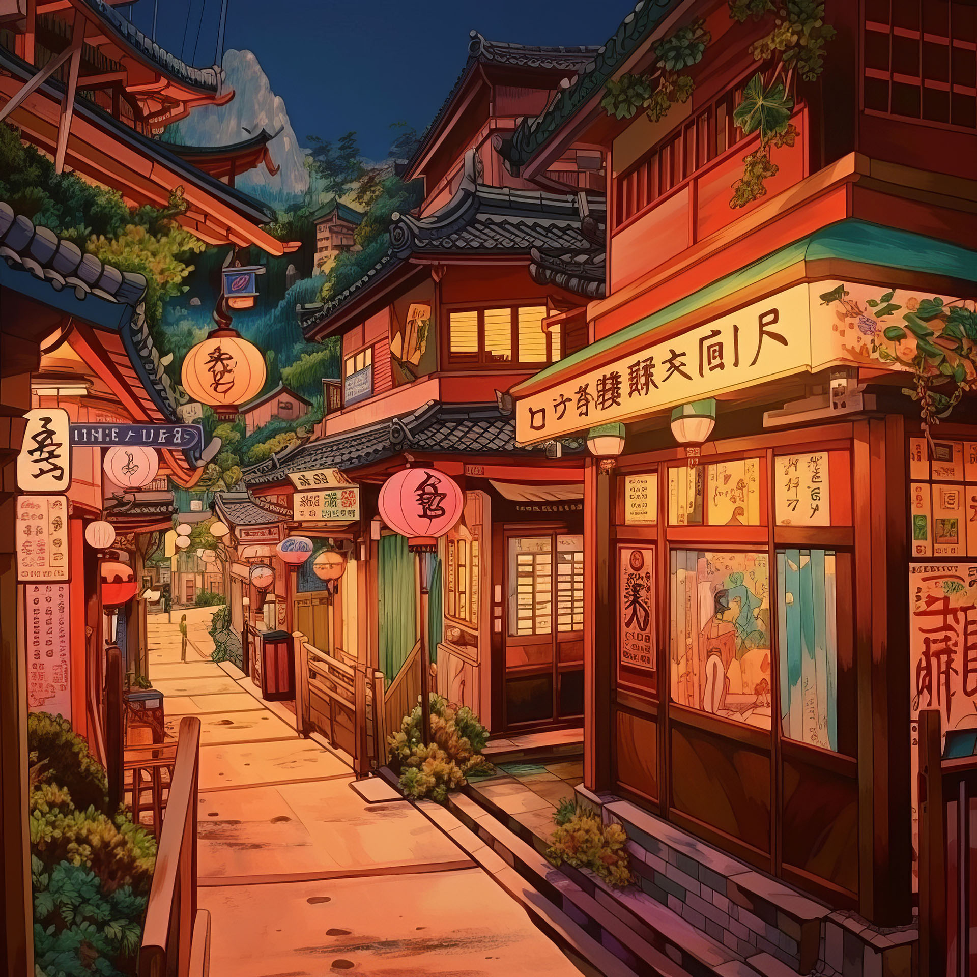 2023年6月にMidjourneyが生成した「千と千尋の神隠しっぽい風景」。ソレっぽいのだが、商店の看板に謎の文字が書かれている。気持ち悪っ！
