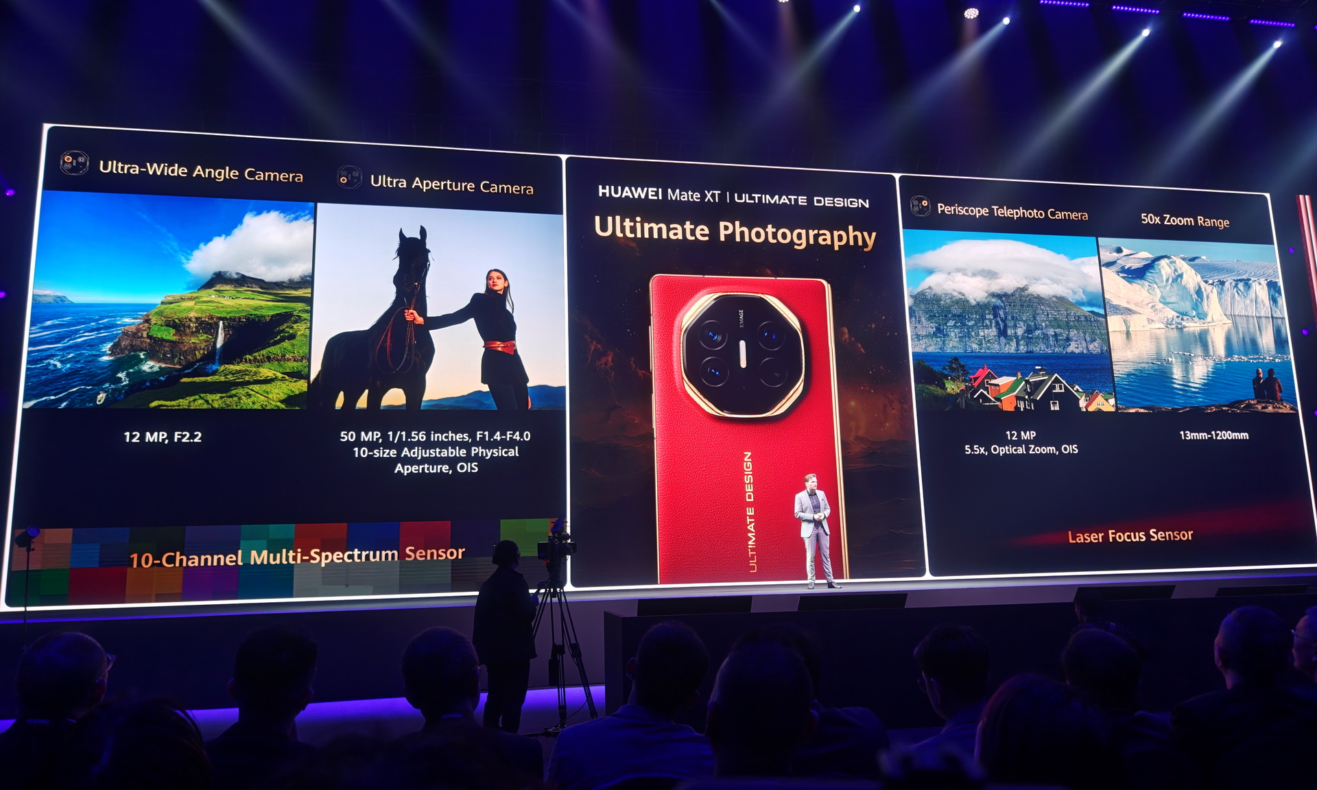 背面の八角形のカメラ部には、50MP／12MP／12MPのトリプルを搭載。10chのマルチスペクトルセンサーを組み合わせ、より正確な色彩を再現