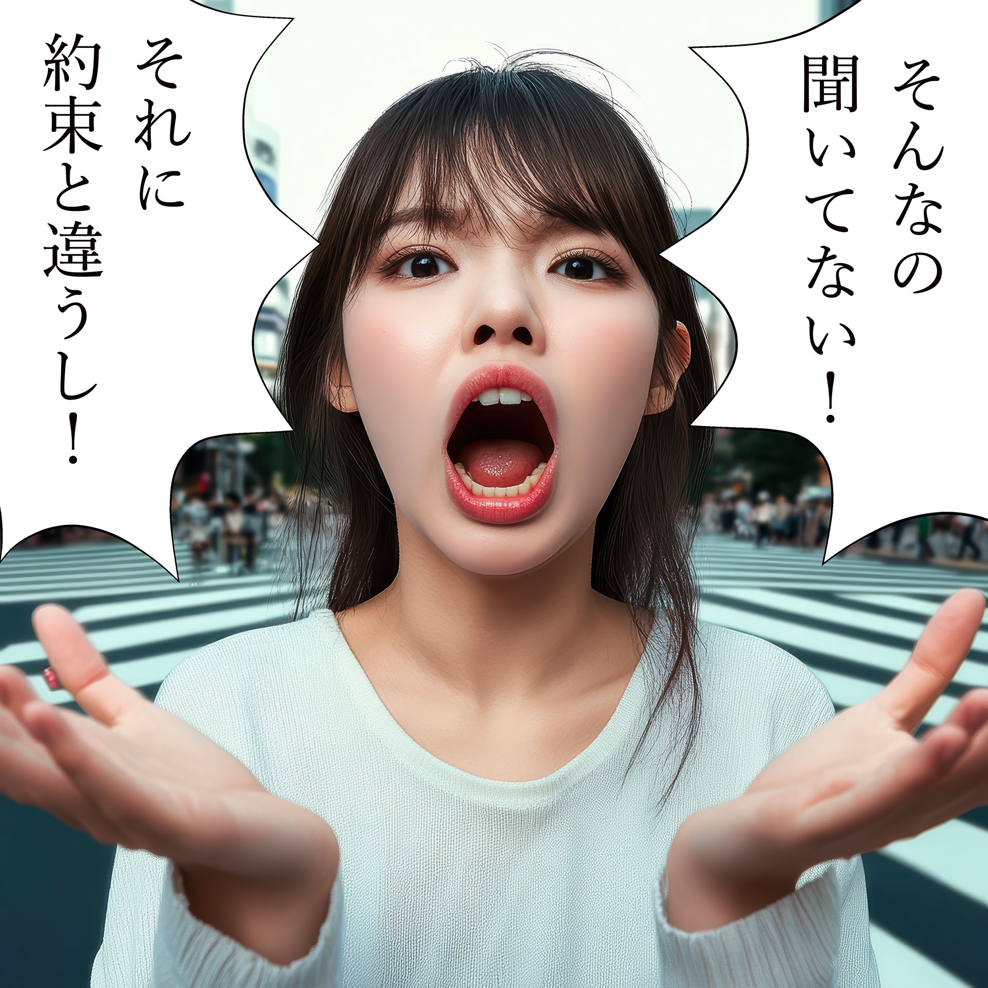 Midjourneyが生成した画像に、イラスト・マンガ制作アプリ「CLIP STUDIO PAINT（クリスタ）」でフキダシとセリフを加えた画像。使っているフォントは明朝体。