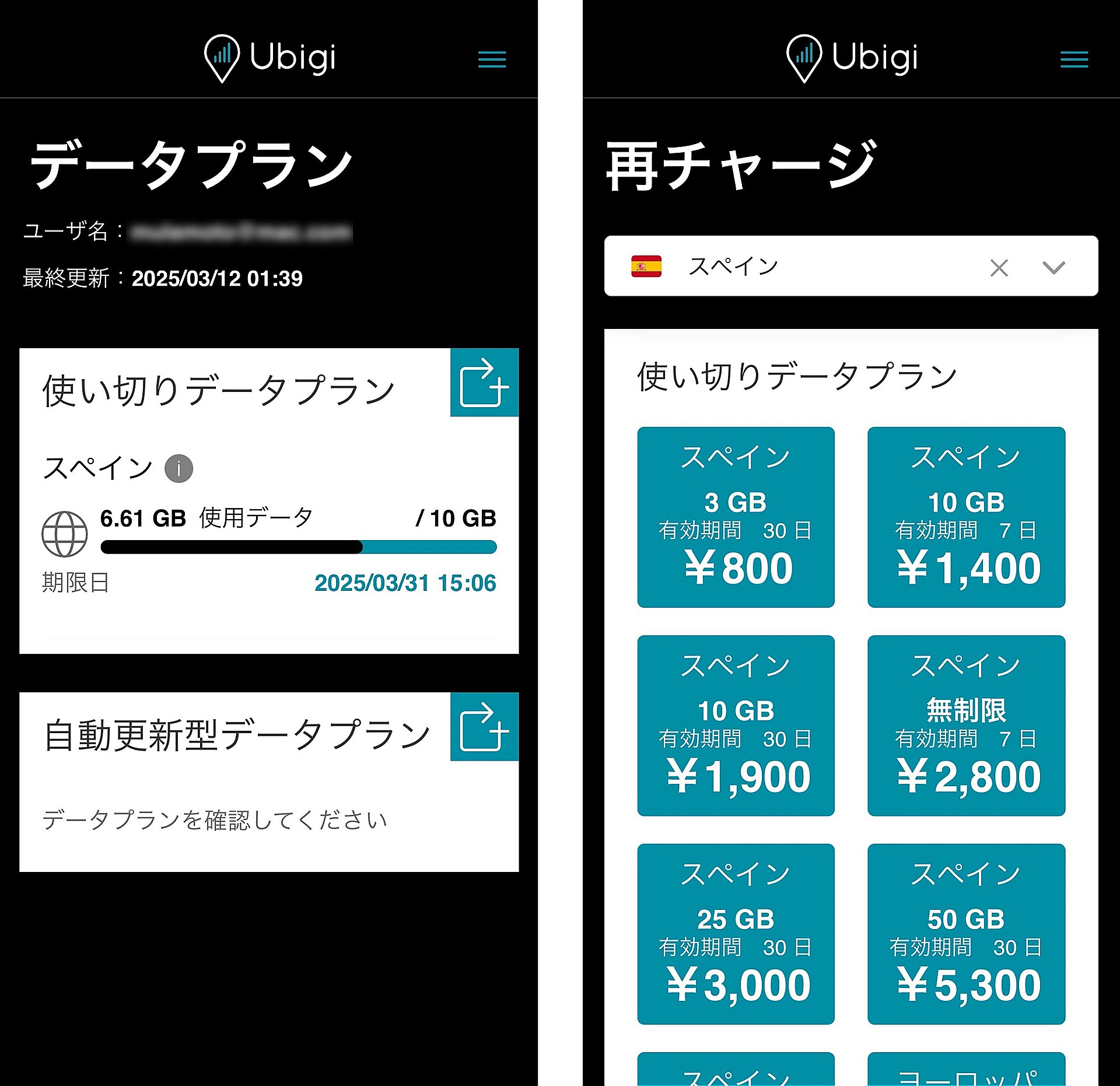 アプリでデータ使用量を確認でき、追加チャージも可能