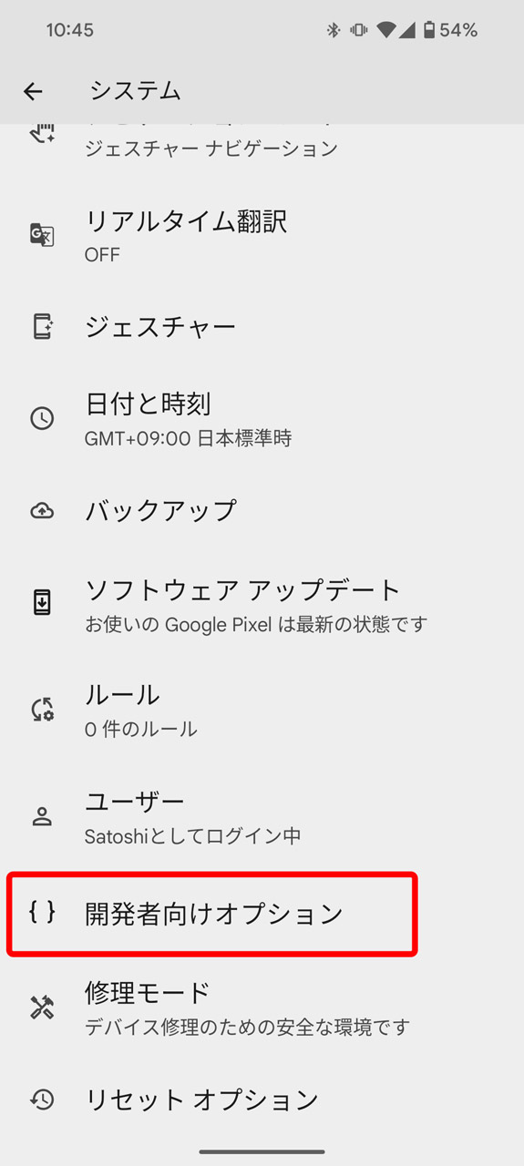 設定の「システム」に「開発者向けオプション」が出現