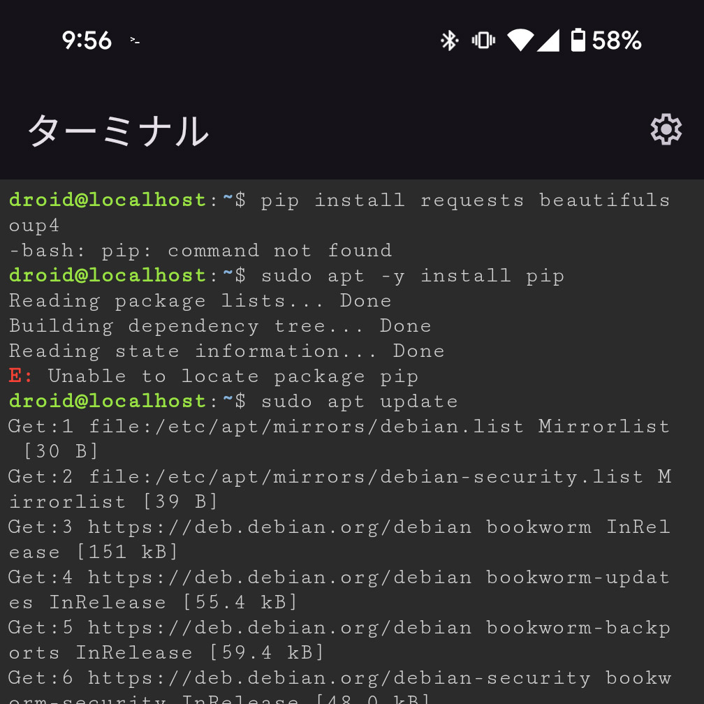 いろいろ足りていないようなので、とりあえず「sudo apt update」を実行
