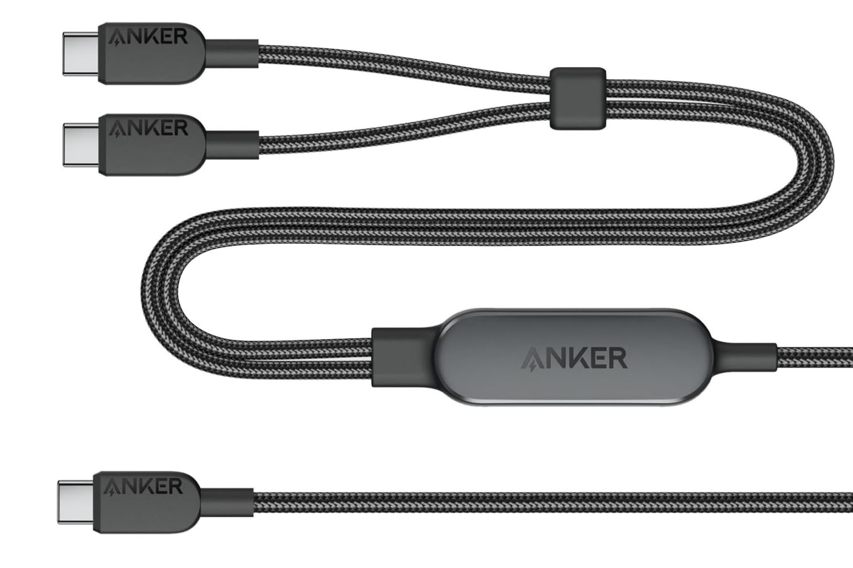 「Anker USB-C ＆ USB-C ケーブル（2-in-1, 140W）1.2m」は二股のUSB-Cケーブルで、最大140Wの充電に対応する。データ転送にも対応するが、速度は480Mbps（USB2.0）。直販価格は1990円。※画像は<a href="https://www.amazon.co.jp/dp/B0CWH33BSK" class="strong b">Amazon販売ページ</a>から抜粋。