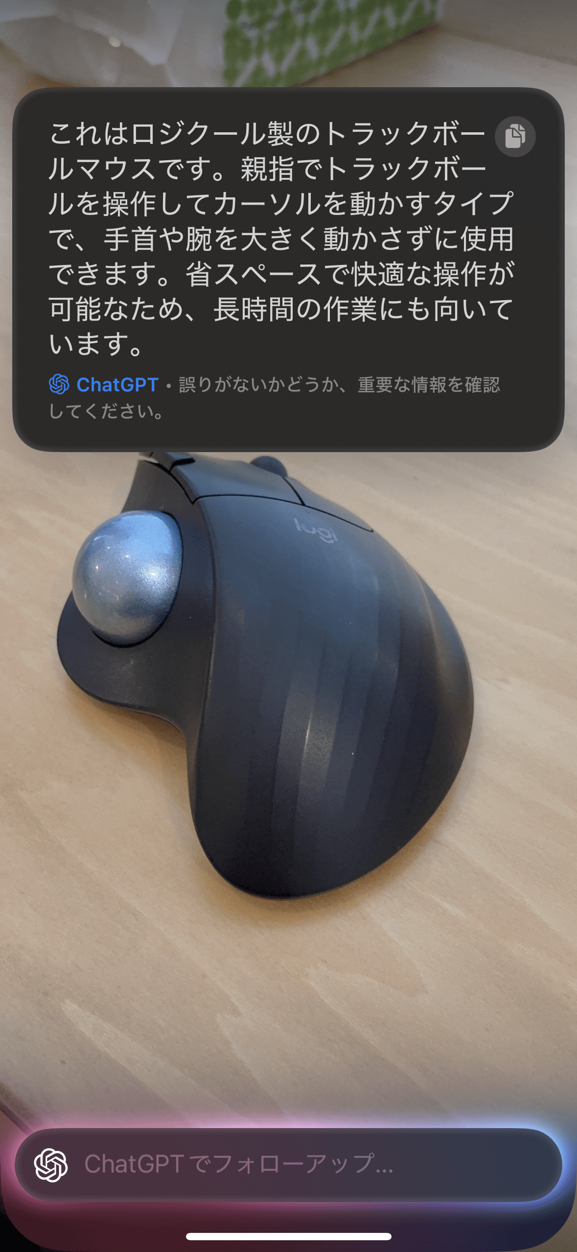 質問コマンドでは、撮影した写真の内容について質問できる。回答は、ChatGPTを使って生成された
